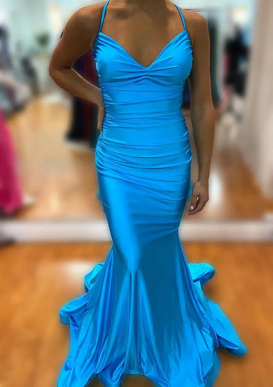 Sleek Fitted Mermaid V-Neck Spaghetti Strap Lace-Up Open Back Floor-Length Satin Prom Dresses