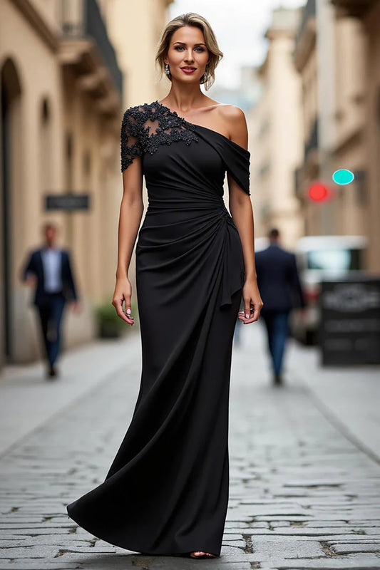 Sleek Form-Fitting Mermaid Silhouette One-Shoulder Lace Sleeve Open Back Maxi Mother of the Bride Dress
