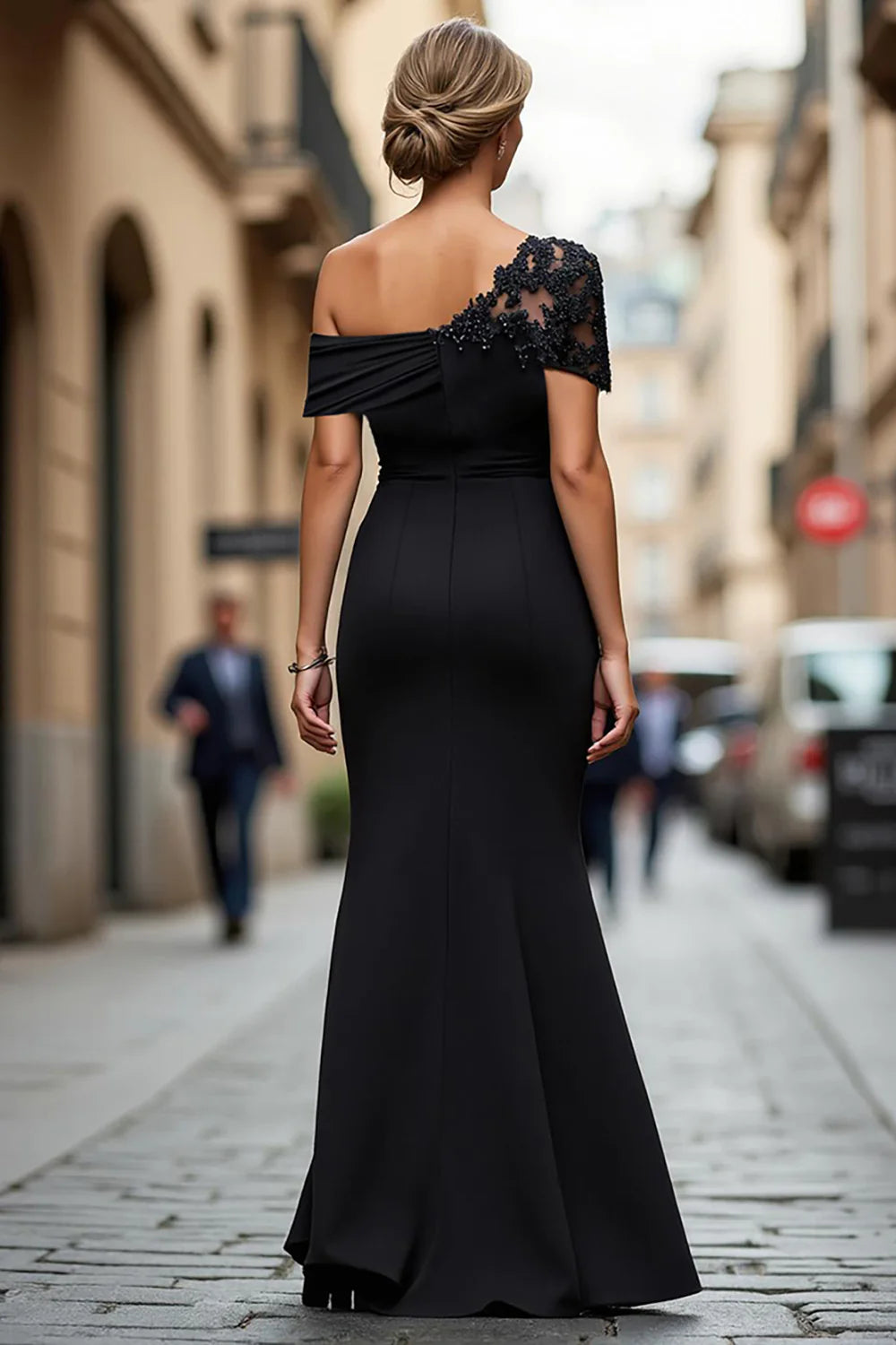 Sleek Form-Fitting Mermaid Silhouette One-Shoulder Lace Sleeve Open Back Maxi Mother of the Bride Dress