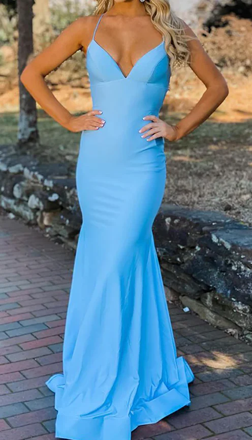 Sleek Light Blue Mermaid Prom Dress with V-Neck, Spaghetti Straps, and Lace-Up Back