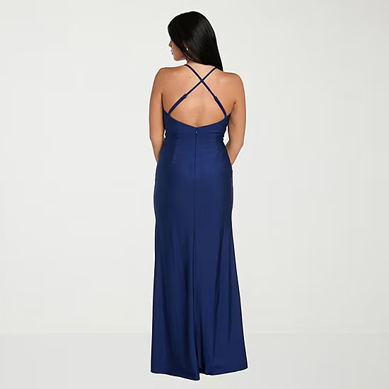 Glamorous Mermaid Plunge Neck Crisscross Back Slit Floor Length Evening Dress