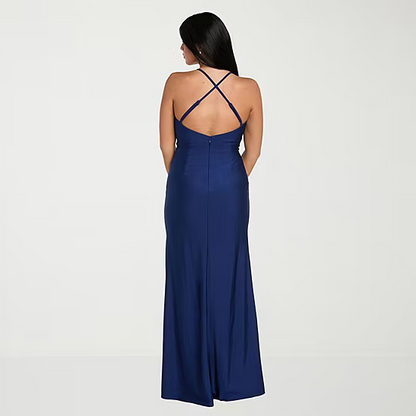 Glamorous Mermaid Plunge Neck Crisscross Back Slit Floor Length Evening Dress