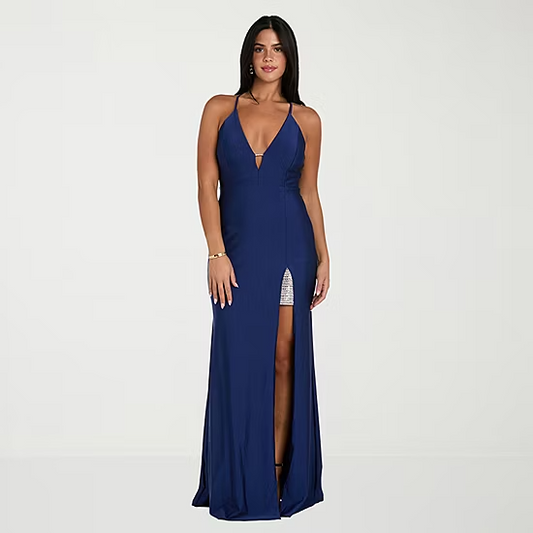 Sleek Mermaid Plunge Neck Spaghetti Straps Crisscross Back Slit Floor Length Evening Dress