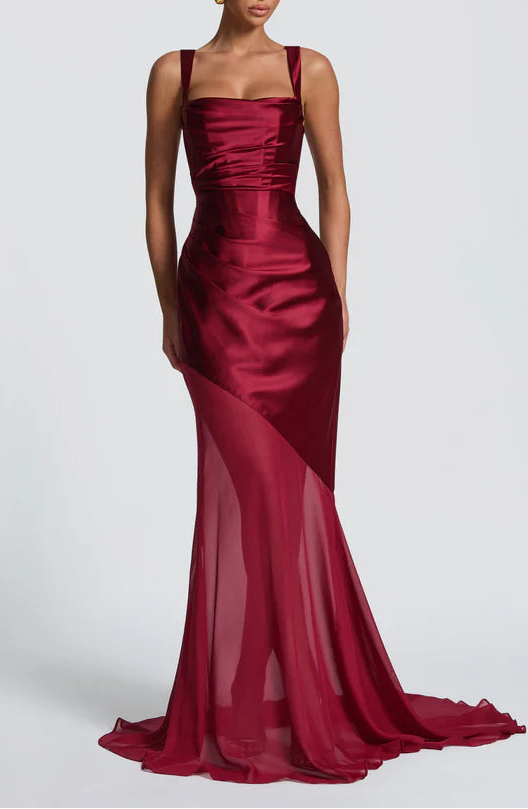 Sleek Satin Chiffon Mermaid Square Neck Corset Lace-Up Floor Length Prom Dress