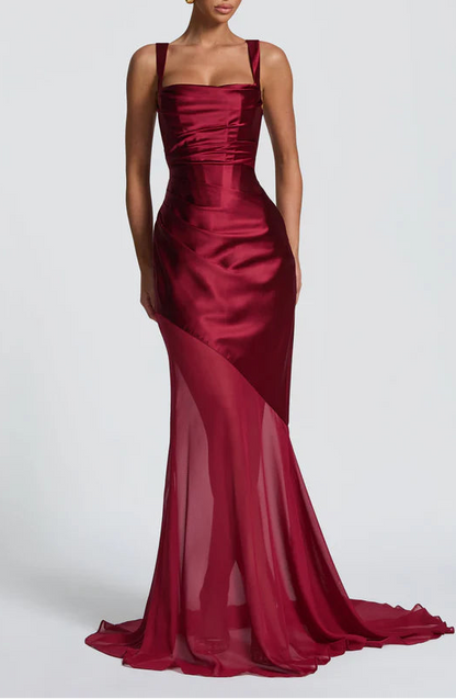 Sleek Satin Chiffon Mermaid Square Neck Corset Lace-Up Floor Length Prom Dress