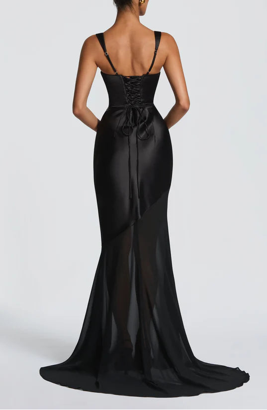 Sleek Satin Chiffon Mermaid Square Neck Corset Lace-Up Floor Length Prom Dress