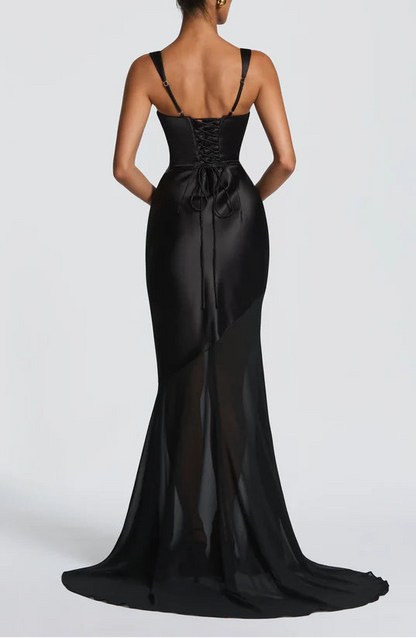 Sleek Satin Chiffon Mermaid Square Neck Corset Lace-Up Floor Length Prom Dress