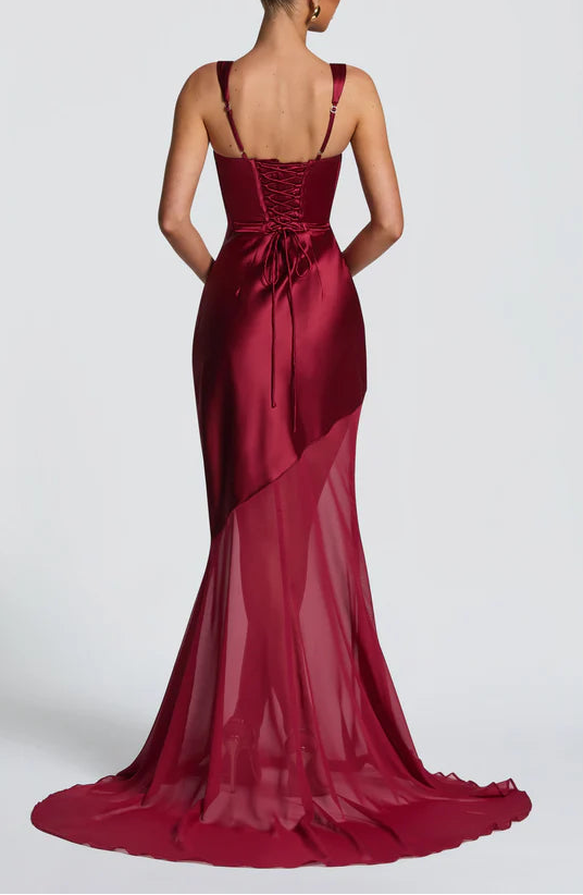 Sleek Satin Chiffon Mermaid Square Neck Corset Lace-Up Floor Length Prom Dress