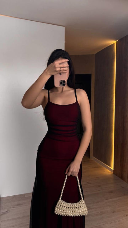 Sleek Mesh Overlay Spaghetti Strap Ruched Waist Mermaid Floor-Length Evening Dress