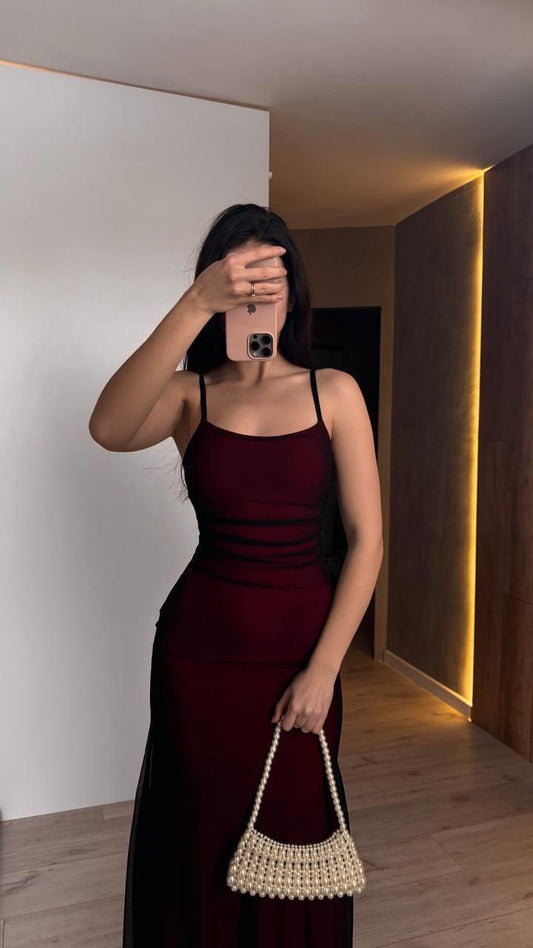 Sleek Mesh Overlay Spaghetti Strap Ruched Waist Mermaid Floor-Length Evening Dress