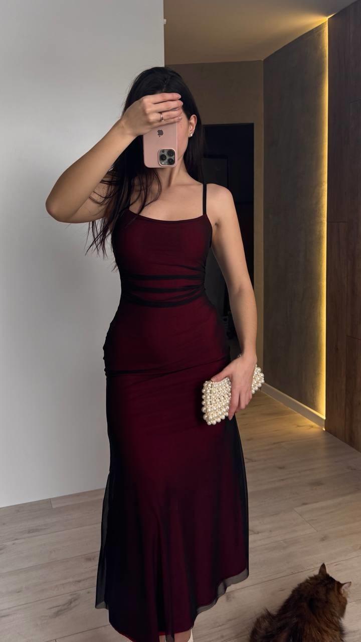 Sleek Mesh Overlay Spaghetti Strap Ruched Waist Mermaid Floor-Length Evening Dress