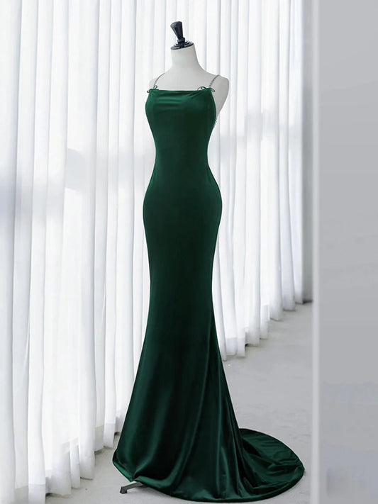 Sleek Rhinestone-Strap Low-Back Floor-Length Velvet Mermaid Prom Dress