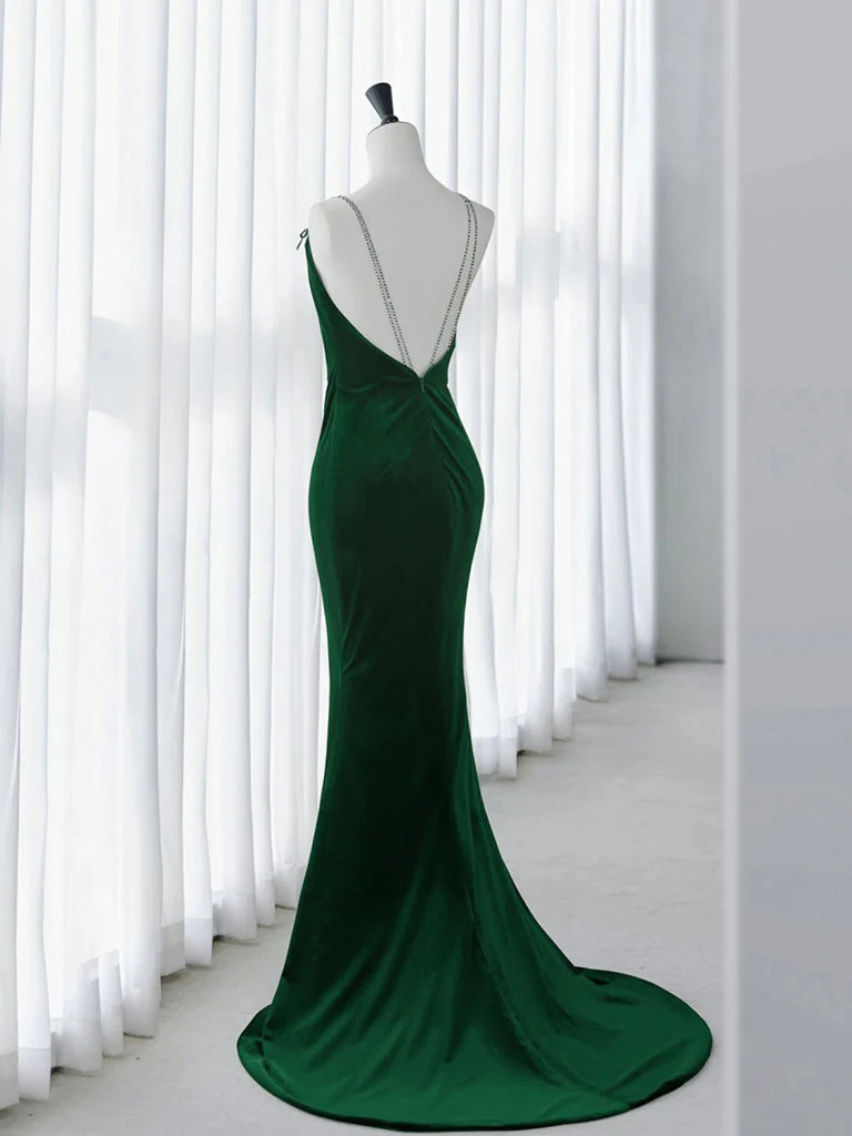 Sleek Rhinestone-Strap Low-Back Floor-Length Velvet Mermaid Prom Dress