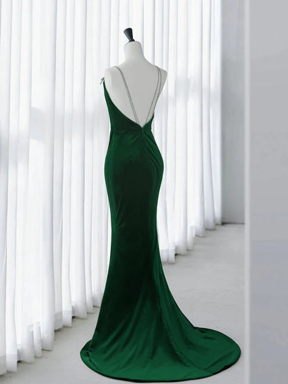 Sleek Rhinestone-Strap Low-Back Floor-Length Velvet Mermaid Prom Dress