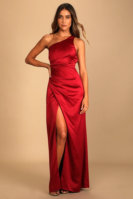 Sleek Satin Evening Dresses with One-Shoulder Neckline, Ruched Waist Detail, Daring High Slit and Form-Fitting Maxi Silhouette Formal Gown