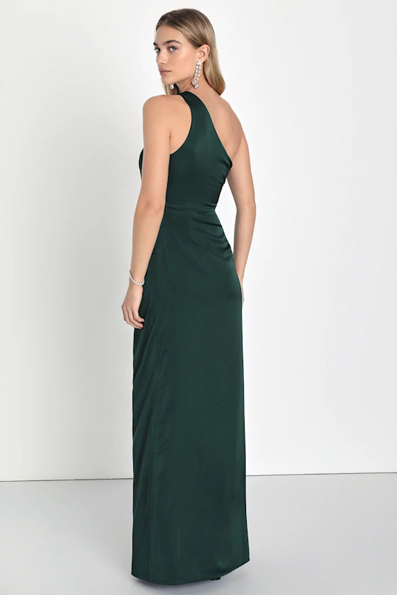 Sleek Satin Evening Dresses with One-Shoulder Neckline, Ruched Waist Detail, Daring High Slit and Form-Fitting Maxi Silhouette Formal Gown