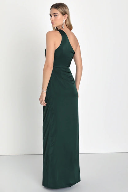 Sleek Satin Evening Dresses with One-Shoulder Neckline, Ruched Waist Detail, Daring High Slit and Form-Fitting Maxi Silhouette Formal Gown