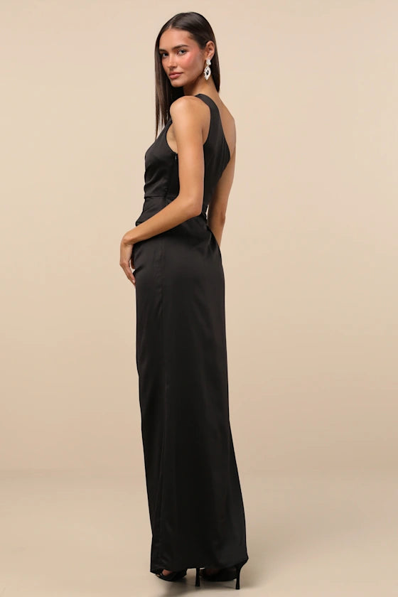 Sleek Satin Evening Dresses with One-Shoulder Neckline, Ruched Waist Detail, Daring High Slit and Form-Fitting Maxi Silhouette Formal Gown