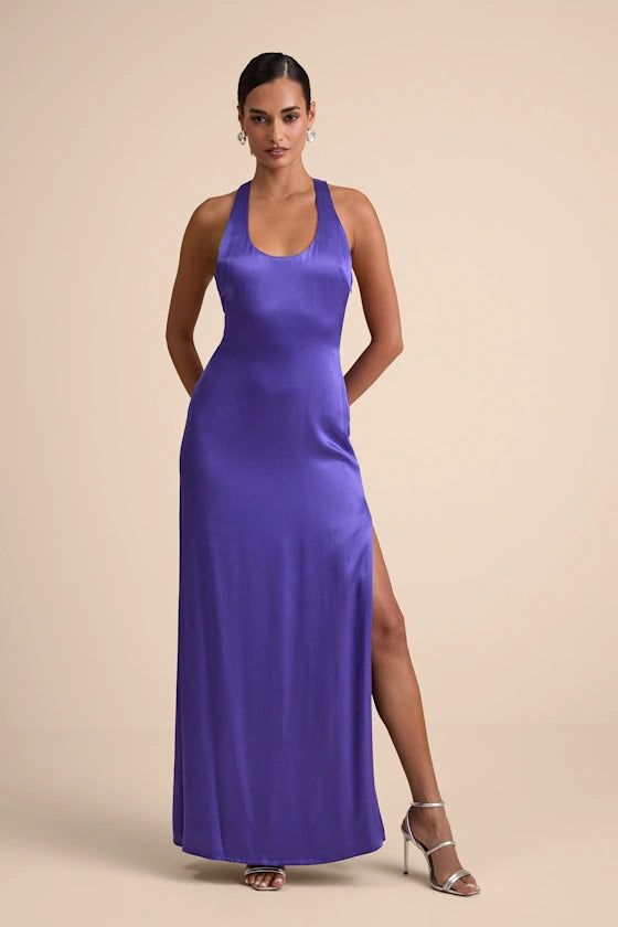 Sleek Satin Halter Evening Dresses with Racerback Cutout and High Slit Formal Gown