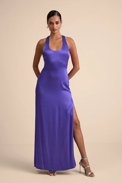 Sleek Satin Halter Evening Dresses with Racerback Cutout and High Slit Formal Gown