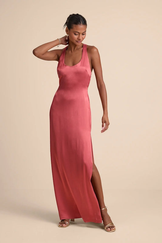 Sleek Satin Halter Evening Dresses with Racerback Cutout and High Slit Formal Gown