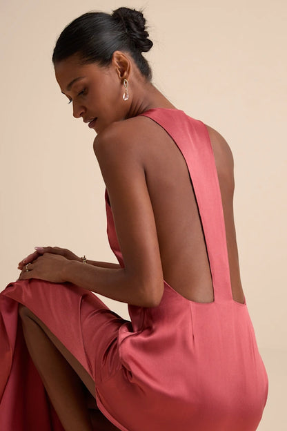 Sleek Satin Halter Evening Dresses with Racerback Cutout and High Slit Formal Gown