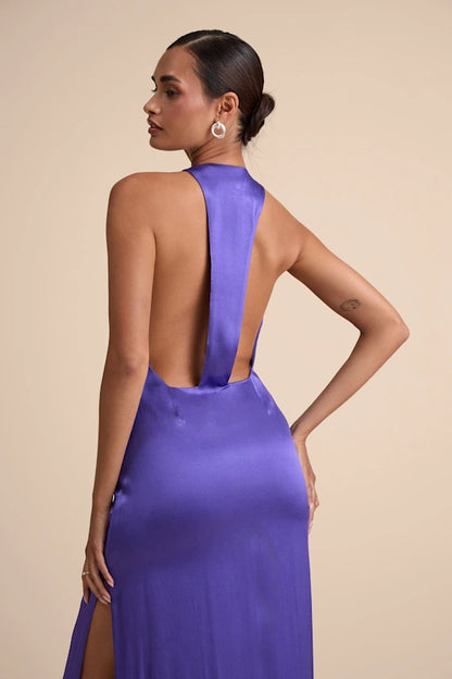 Sleek Satin Halter Evening Dresses with Racerback Cutout and High Slit Formal Gown