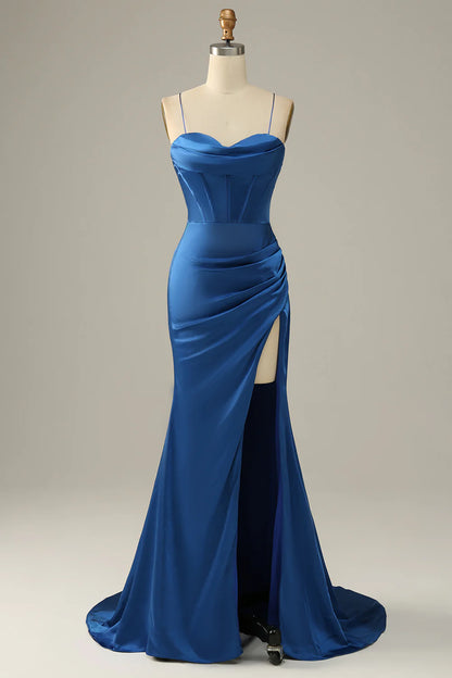 Sleek Satin Spaghetti Strap Mermaid Prom Dresses with Crisscross Back and High Slit