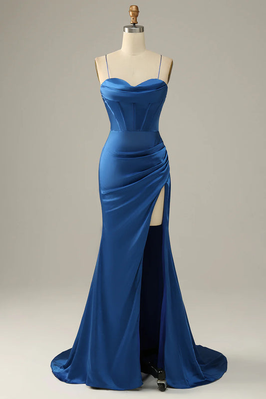 Sleek Satin Spaghetti Strap Mermaid Prom Dresses with Crisscross Back and High Slit