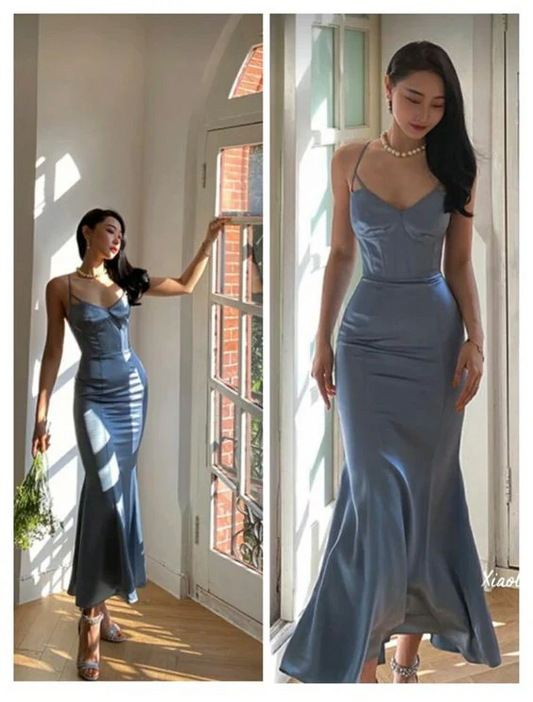 Sleek Satin V-Neck Spaghetti Strap Crisscross Back Mermaid Floor-Length Prom Dress