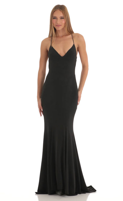 Sleek Spaghetti Strap Plunge V-Neck Crisscross Backless Mermaid Maxi Evening Dress with Train