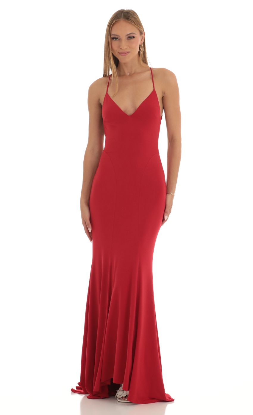 Sleek Spaghetti Strap Plunge V-Neck Crisscross Backless Mermaid Maxi Evening Dress with Train