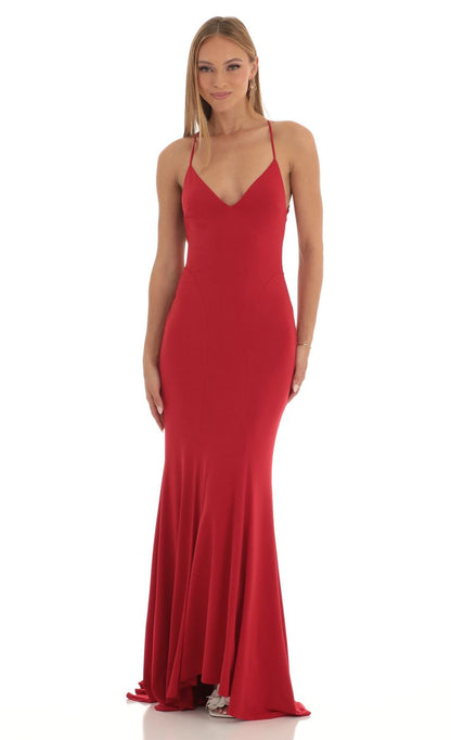 Sleek Spaghetti Strap Plunge V-Neck Crisscross Backless Mermaid Maxi Evening Dress with Train