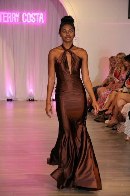 Sleek Mermaid Halter Sleeveless Cutout Backless Brown Long Prom Dresses Women Gown