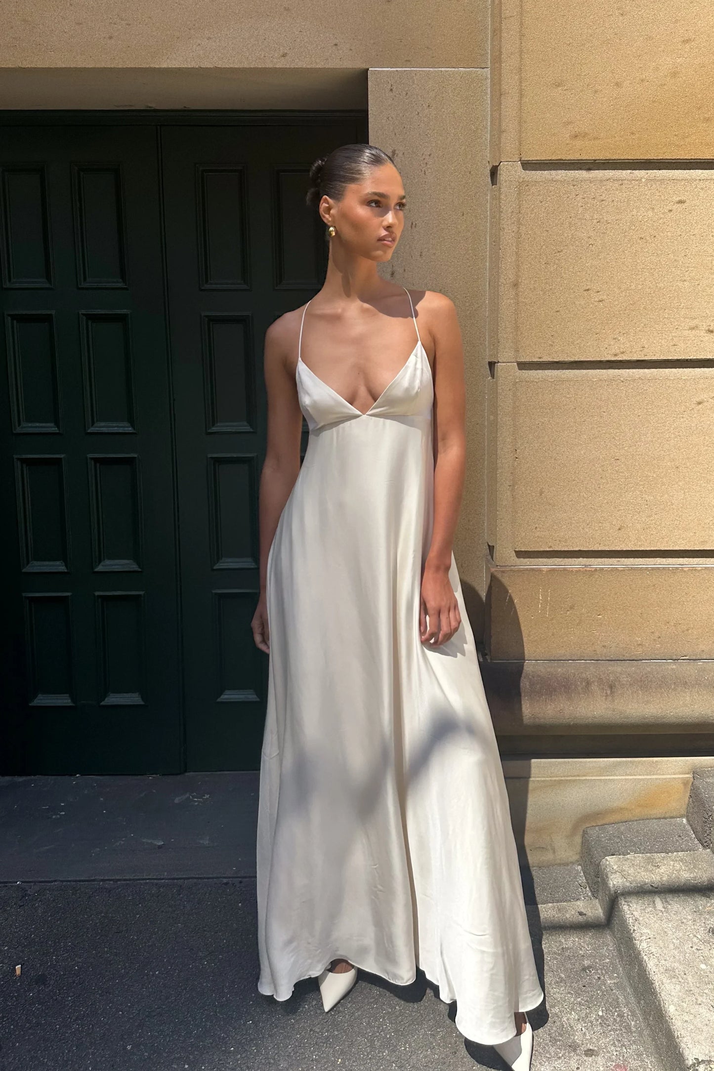 Sleek Satin A-Line Plunge V-Neck Sleeveless Criss-Cross Open Back Floor-Length Evening Dresses