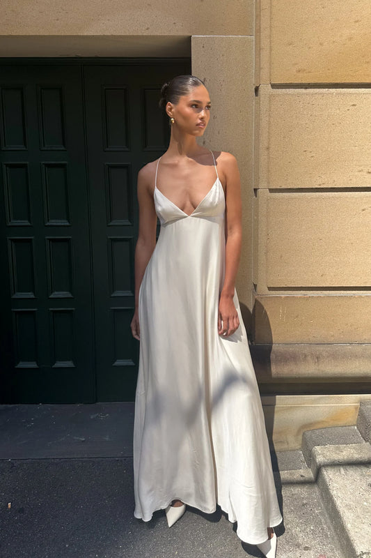 Sleek Satin A-Line Plunge V-Neck Sleeveless Criss-Cross Open Back Floor-Length Evening Dresses