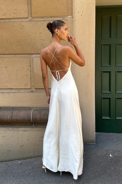 Sleek Satin A-Line Plunge V-Neck Sleeveless Criss-Cross Open Back Floor-Length Evening Dresses