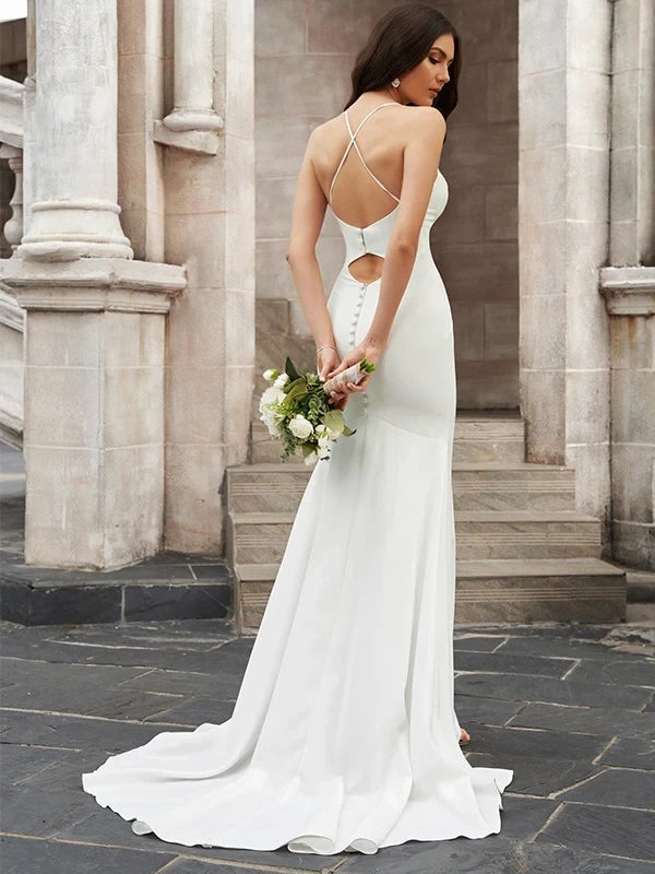 Elegant Satin Mermaid Halter Neck Criss-Cross Back White Wedding Dress with Train