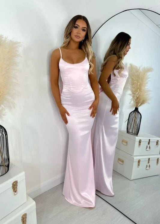 Sleek Satin Mermaid Scoop Neck Spaghetti Strap Low Back with Bow Floor-Length Prom Dresses