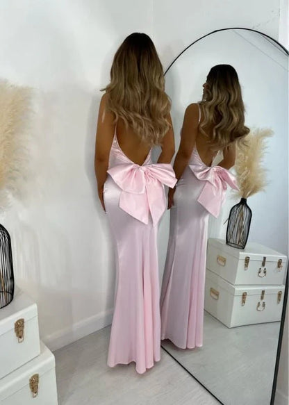 Sleek Satin Mermaid Scoop Neck Spaghetti Strap Low Back with Bow Floor-Length Prom Dresses