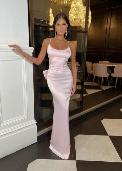 Sleek Satin Mermaid Scoop Neck Spaghetti Strap Low Back with Bow Floor-Length Prom Dresses