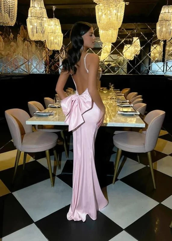 Sleek Satin Mermaid Scoop Neck Spaghetti Strap Low Back with Bow Floor-Length Prom Dresses