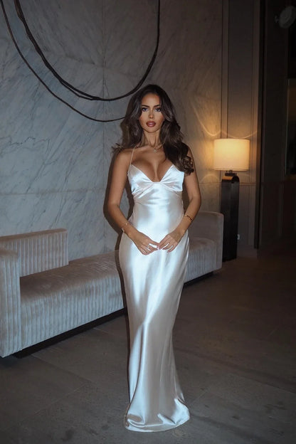 Sleek Satin Sheath Cowl Neck Sleeveless Lace-Up Back Floor-Length Prom Dresses