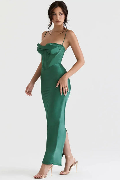 Sleek Satin Sheath Cowl Sweetheart Neck Spaghetti Strap Zipper Back Floor Length Evening Dresses