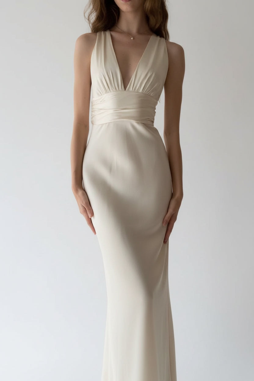 Sleek Satin Sheath Deep V-Neck Sleeveless Criss-Cross Open Back Floor-Length Evening Dresses