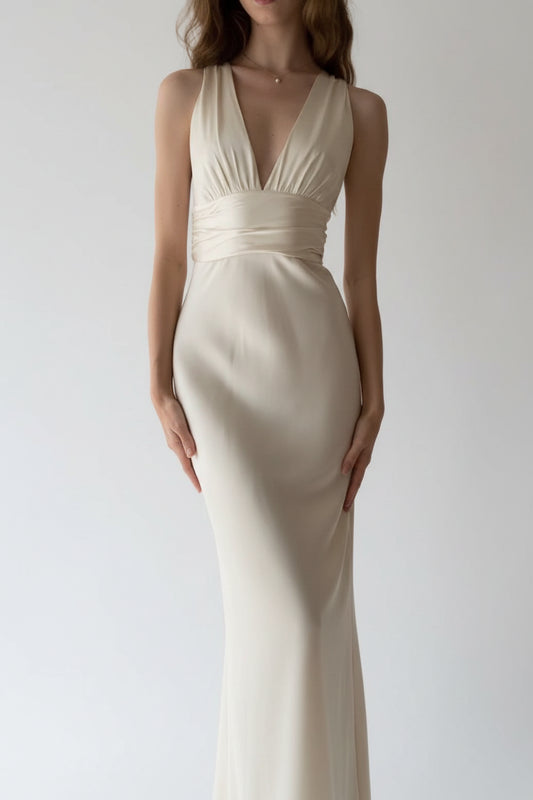 Sleek Satin Sheath Deep V-Neck Sleeveless Criss-Cross Open Back Floor-Length Evening Dresses
