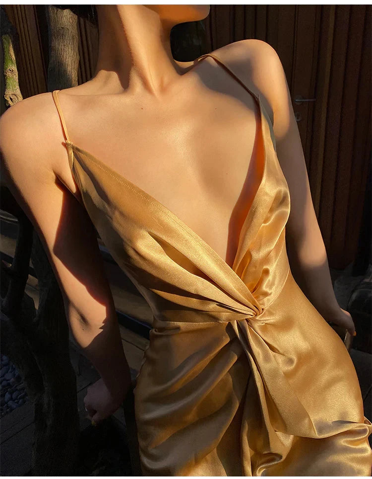 Sleek Satin Sheath High Slit Deep V-Neck Halter Sleeveless Open Back Midi Prom Dresses