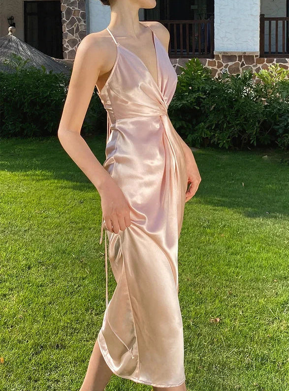 Sleek Satin Sheath High Slit Deep V-Neck Halter Sleeveless Open Back Midi Prom Dresses