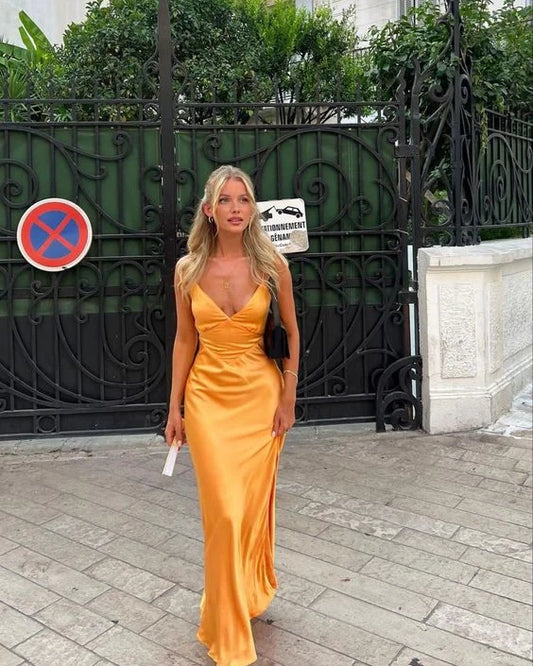 Sleek Satin Sheath High Slit V-Neck Spaghetti Strap Sleeveless Open Back Tie Floor-Length Prom Dresses