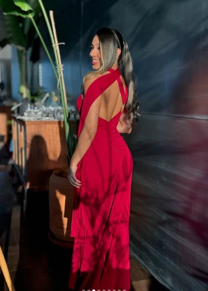 Sleek Satin Sheath One Shoulder Choker Neck Sleeveless Open Back Floor Length Prom Dresses
